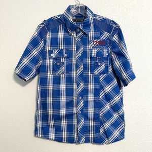Coogi Shirt Men's Size Large Blue White Plaid Short Sleeve Button Down